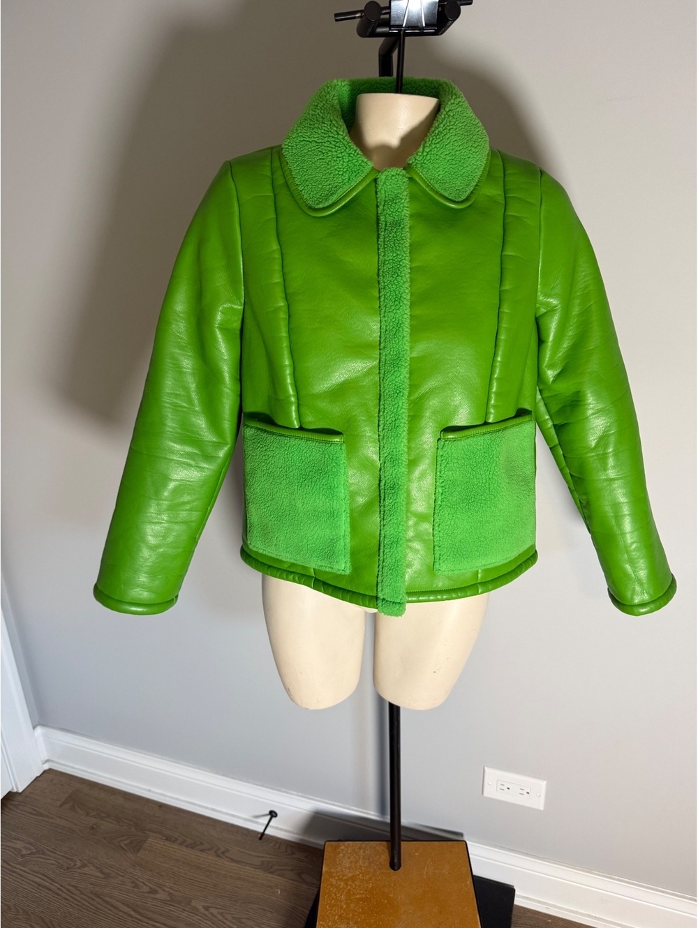 Find Me Now Women's Green Vegan Leather Jacket with Sherpa Collar and Pockets